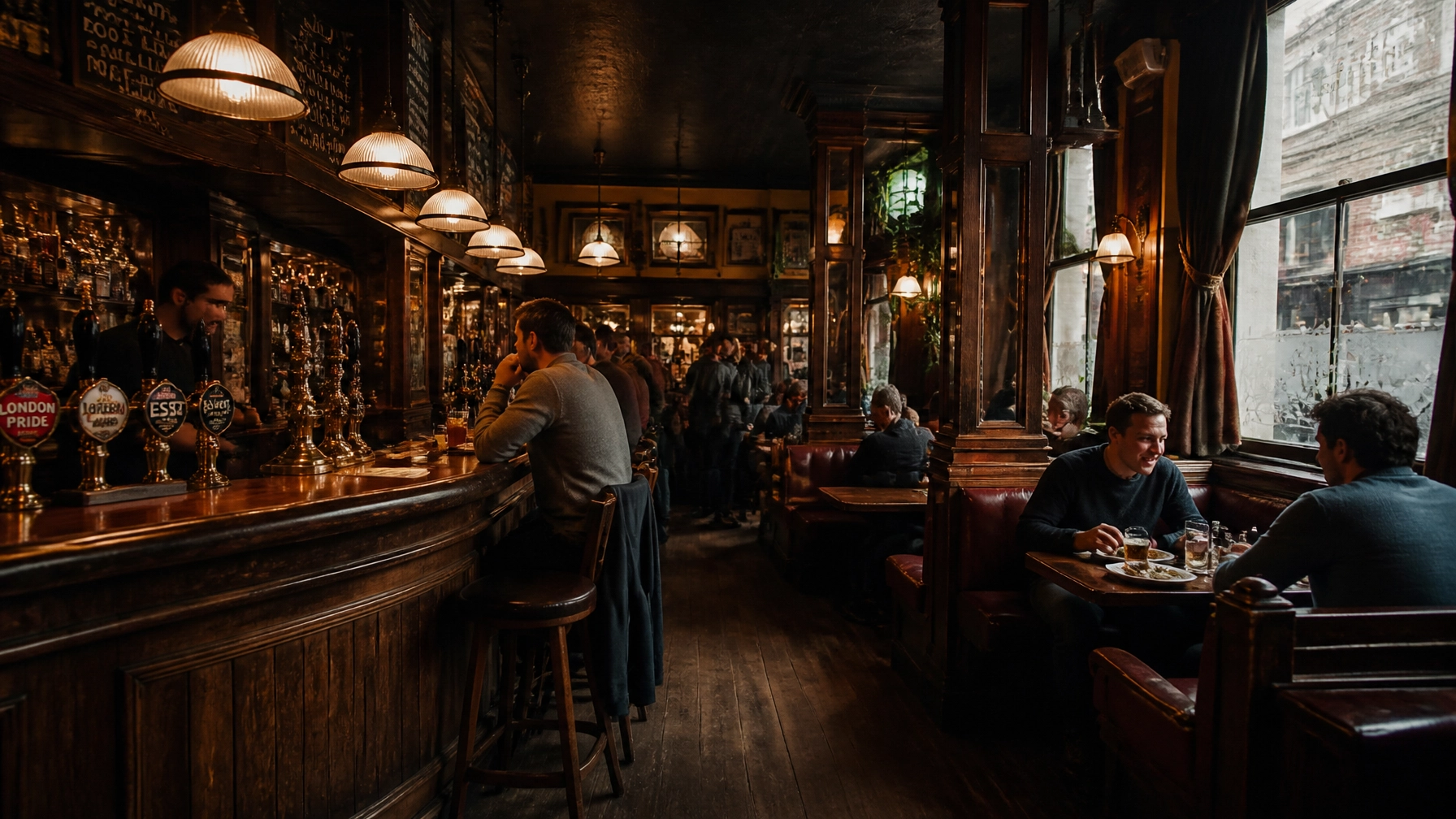 Warm interior of a historic London pub glowing with amber lighting and rustic wooden details